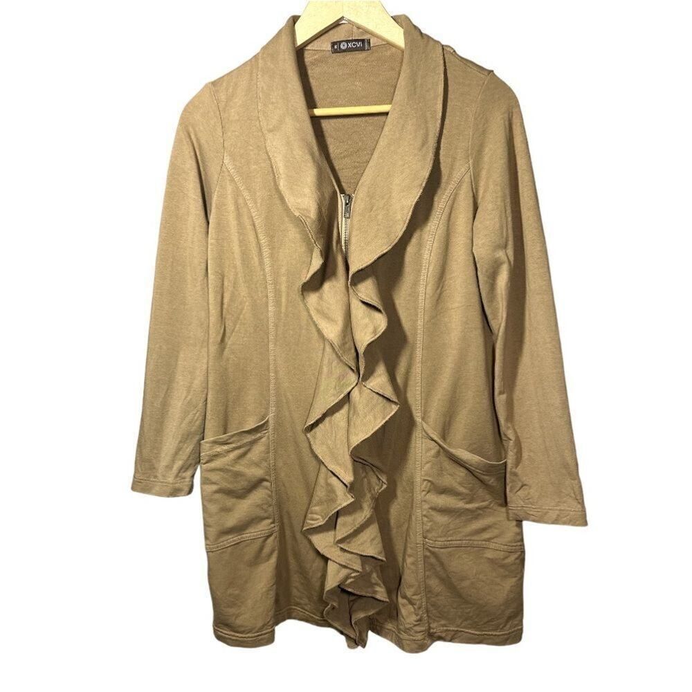 XCVI Women's Ruffle Neck Zipper Cardigan Sweater Jacket Tan Size Medium